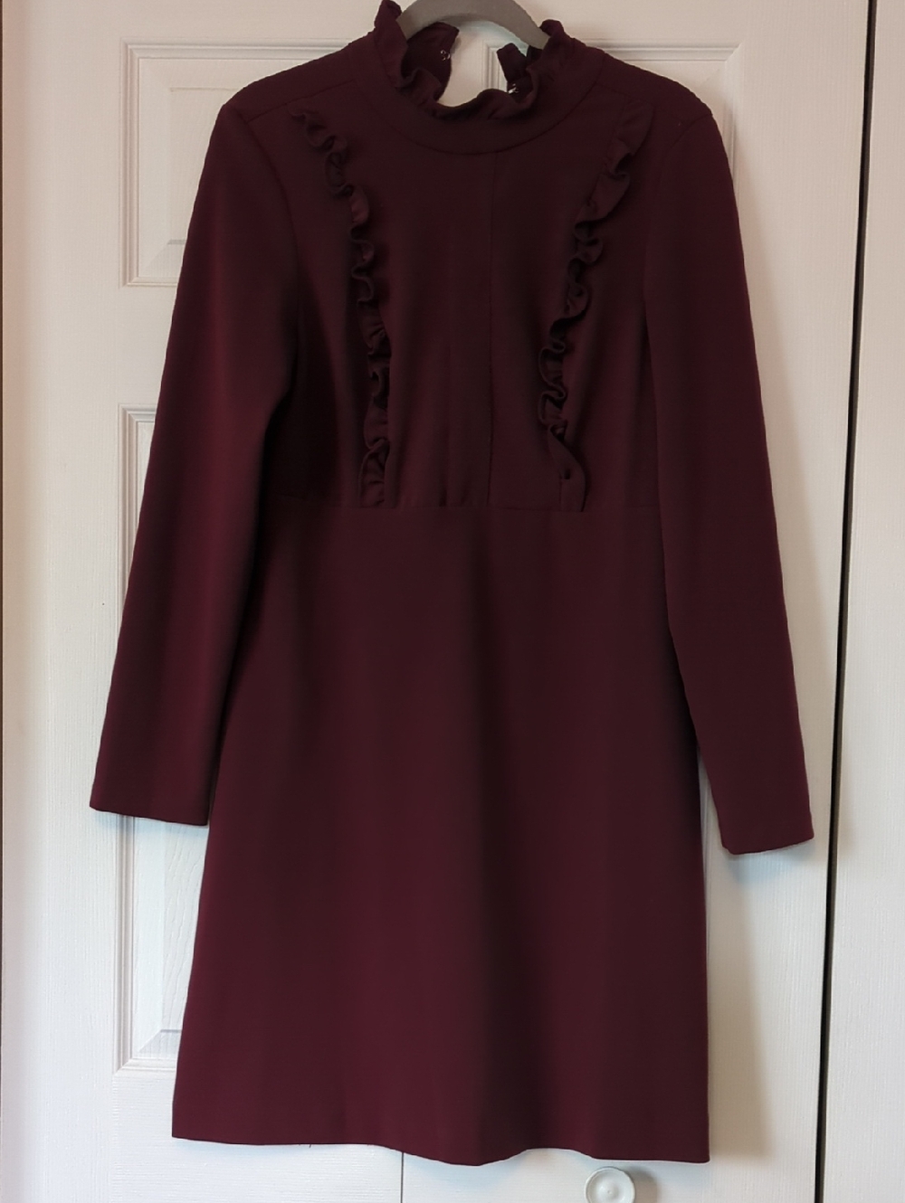 Sharagano Burgundy Ruffle Mock-Neck Long Sleeve Dress